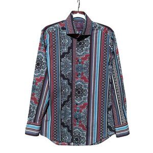 Hawes & Curtis Mens Slim Fit Multicolor Striped & Paisley Long Sleeve Shirt M